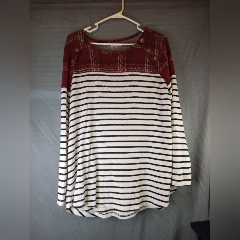 Maurice Plaid Striped Long Sleeve Light Sweater Top With Button Accent Blouse